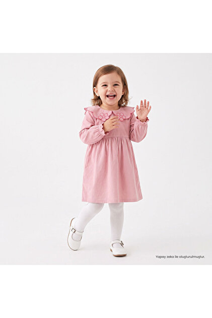 HelloBaby Kız Bebek Elbise Çiçek Baskılı Düğmeli Modelli Yaka Long Sleeve Reçme