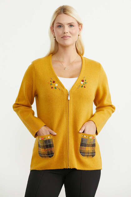 Women's Floral Embroidered Zippered Knitwear Jacket with Pockets - Sun