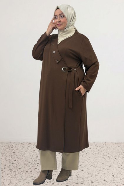 63024 Large Size Double-Breasted Collar Belt Snap Modal Cap - Brown