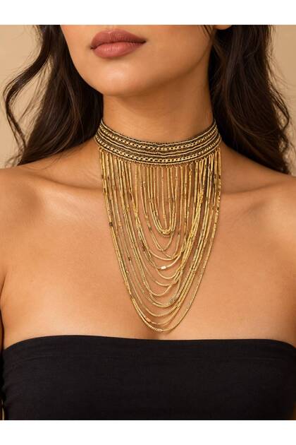 KADIN GOLD ÇOK KATLI SARKIT ZİNCİRLİ CHOKER KOLYE