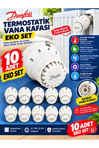 10 ADET--Danfoss RAE Termostatik Vana Kafası - Radyatör Petek Isı Ayarlayıcı Termostat Sensör Seti (Geçmeli / Click Model)