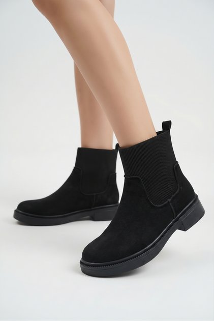 Black Suede Women's Boots with Elastic Chelsea Stitched Sole