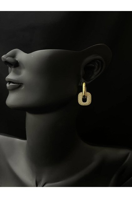 Taşlı Kare Motifli Gold Renk Kadın Küpe