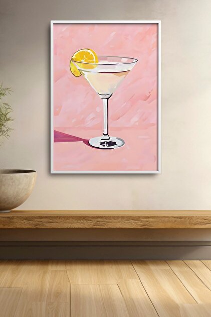 Pink Background Lemon Martini Framed Painting Cocktail Poster Bar Kitchen Decor Kok27