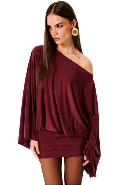 LUCIA Asimetrik Yaka Mini Elbise (Bordo)
