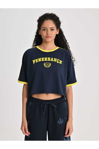 Lacivert Kolej Logo Kadın Crop Oversize Tshirt