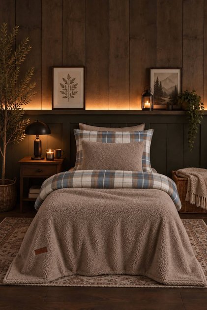Single Cappucino Bedspread Set Sherpa Wool Effect/Double-Sided Use/180X230Cm