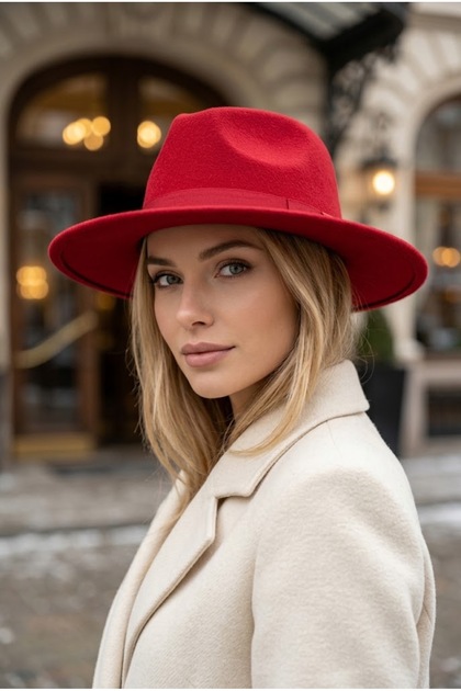 Women's Red Wide Brim Hard Felt Fedora Hat with Metal Buckle Belted Panama Cowboy Winter Hat