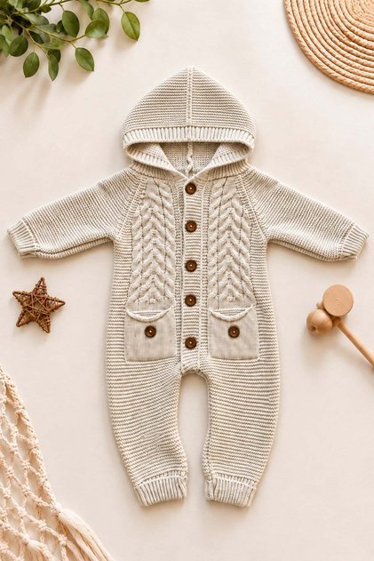 Baby knitted romper with hood, hair braid pattern, knitwear, wooden buttoned, pocketed, unisex for girls and boys, 3-12 months