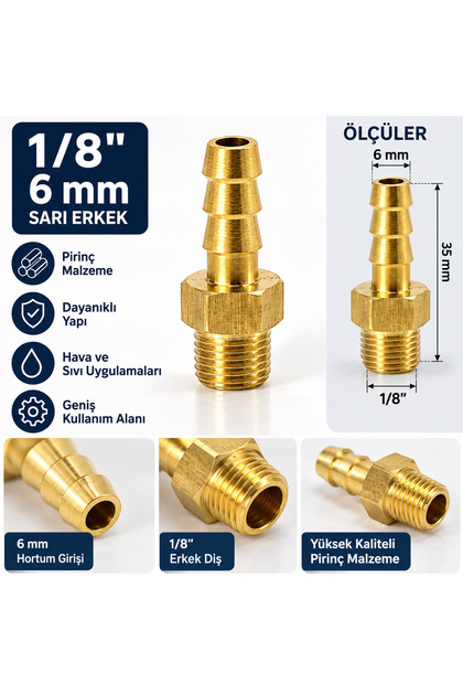 GDS 1/8” 6 mm Sarı Pirinç Erkek Hortum Rekoru – Tırtıklı Hortum Bağlantı Rakoru – Hava ve Su Bağlantı Nipeli