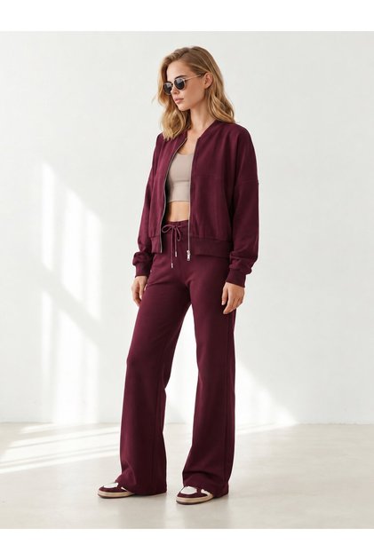 Women's Plum Cotton Zippered Jacket Spanish Pants Bottom Top Set Tkm-19000469