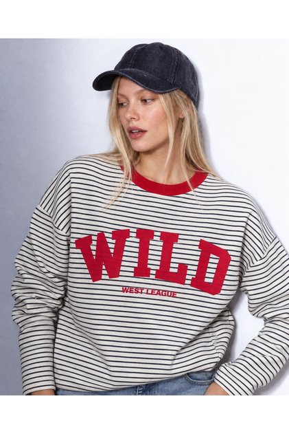 Women's 3 Thread Non-Embroidered Black Striped Wild Printed Oversize Sweatshirt