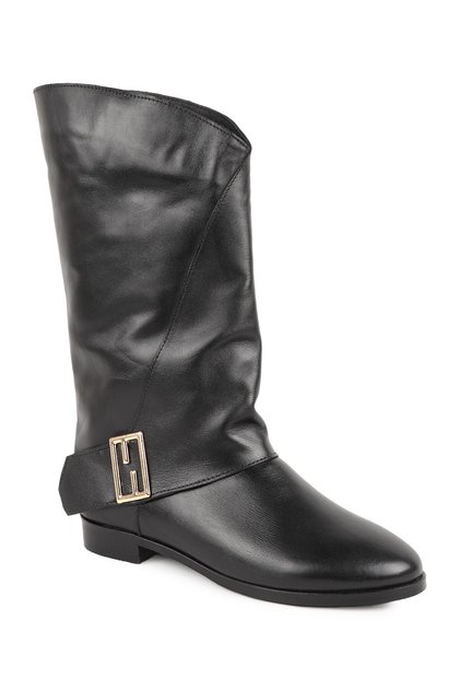 Women's Boots L068.625 Black Genuine Antique Leather with Lower Belt, Metallic H-Buckle Accessories, Bellows Form