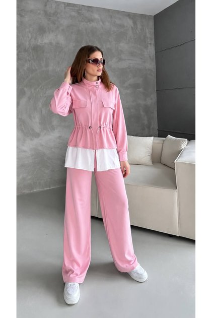 Women's Modest Cotton Two-Piece Set - Zip-Up Jacket and Wide-Leg Pants