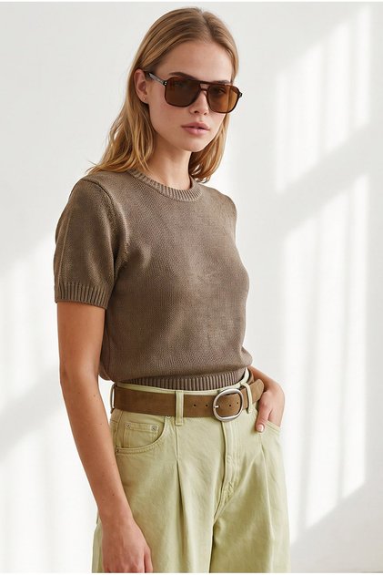 Women's Mink Crew Neck Short Sleeve Mercerized Knitwear Blouse Blz-19003472