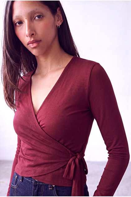 Women's Red Modal / Cotton Blend V-Neck Long Sleeve Side Tie Blouse Pauline
