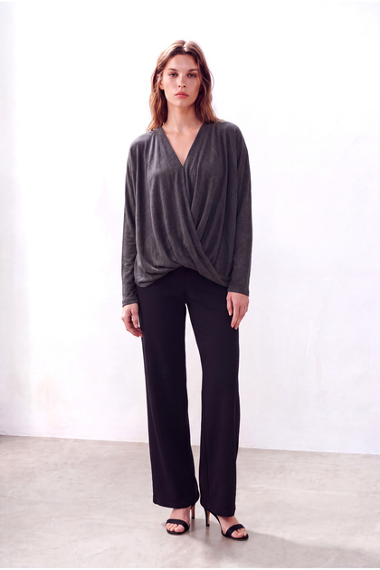 Women's Dark Gray Melange Viscose Blended V-Neck Long Sleeve Front Draped Draped Blouse Winnie