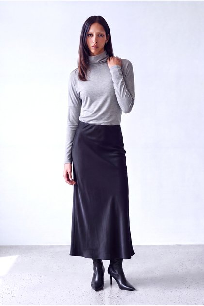 Women's Gray Melange Viscose Blended Flowy Turtleneck Long Sleeve Off Shoulder Blouse Moya