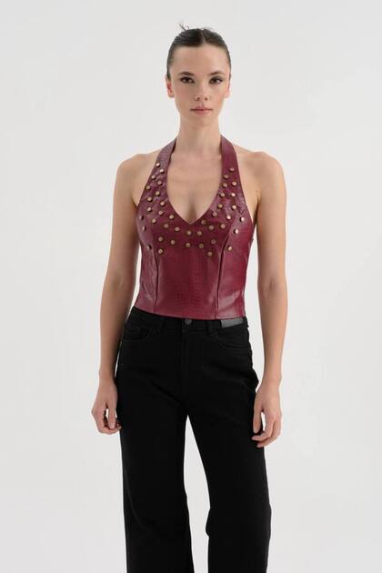 Women's Leather Neck Strap Corset with Metal Troc Detail