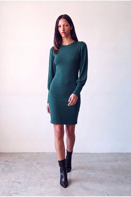 Rochie de damă din bumbac verde pin, cu decolteu tip bicicletă, mâneci lungi bufante și manșete lungi, cu detalii PAULINE