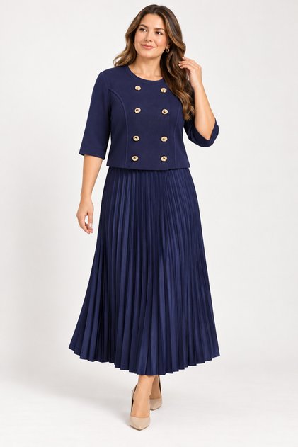 Plus Size Double Buttoned Pleated Skirt Suit Navy Blue