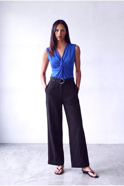 Women's Shiny Dark Blue V-Neck Off-Shoulder Short Sleeve Knot Detailed Blouse Berenice