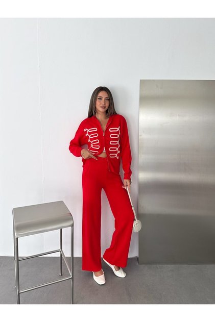 Zippered Contrast Embroidered Wide Leg Knitwear Top and Bottom Set Aw26Au0017