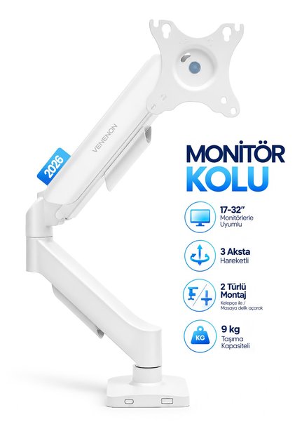 17-32" Single Arm Monitor Arm Vesa Compatible Full Motion 9 kg Load Capacity Monitor Stand White