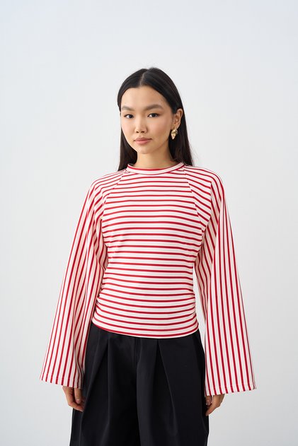 Women's Side Gathered Contrast Striped Long Sleeve T-Shirt Red