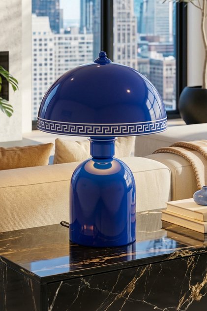 Luna Luxury Mantar Abajur Lacivert Metal Gövdeli - 25 cm - Yatak Odası & Salon Aydınlatma