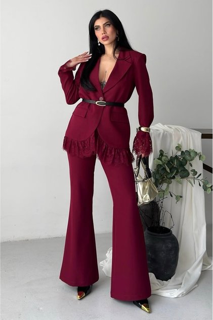 Women's Sleeves Lace Detailed Jacket Trousers Suit Burgundy