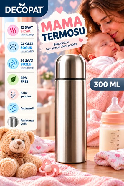 300 ml Mama Termosu Paslanmaz Çelik Sızdırmaz 12 Saat Sıcak 24 Saat Soğuk 36 Saat Buzlu Tutma, BPA Free