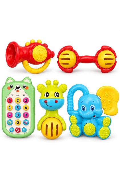 5 Pieces Baby Musical Toy Set with Light and Sound, Interactive Toy Phone, Animal Rattles, Elephant Teether, Giraffe Shaker and Handheld Baby Toys and Fine Motor Skills Development, 12 Months+