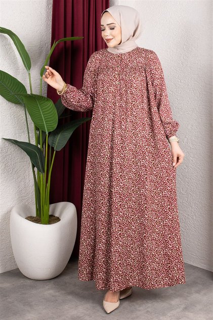 Floral Patterned Viscose Dress Bordo