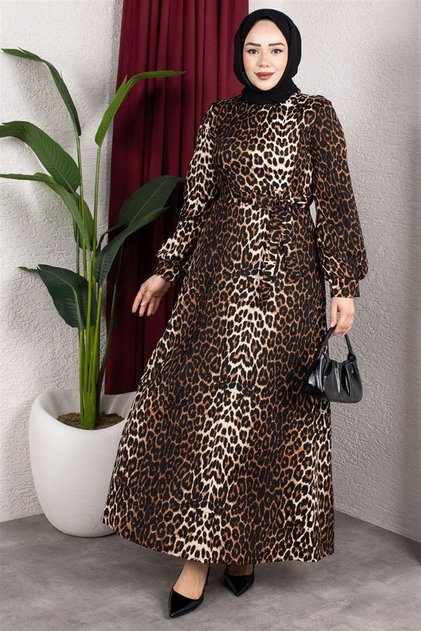 Patterned Dress with Belt Detail Brown