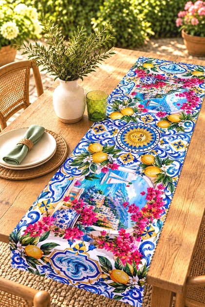 Lemon Coastline Patterned Runner/Tablecloth/Placemat