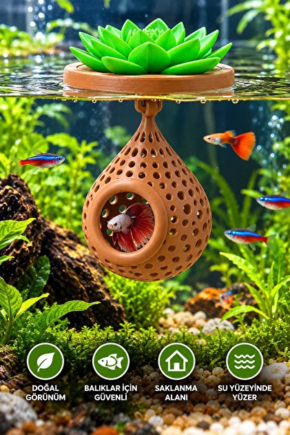 Akvaryum için Dekoratif Barınak / Betta Balıkları İçin Yüzen Mağara / LOTUS CICEK DAHIL