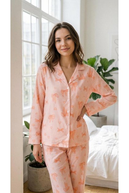 Women's Orange White Striped Bow-Heart Patterned Winter Pajama Set
