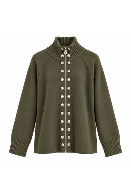 Women's Khaki Stand Collar Metal Detailed Knitwear Cardigan