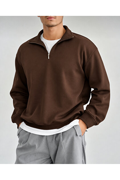 Brown Stand Collar Half Zipper Plain Pullover Sweatshirt