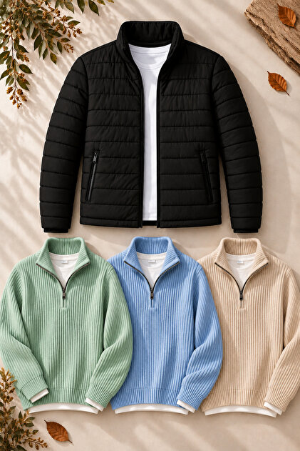 Men's 4-Piece Winter Combination Set | Quilted Lined Double Pocket Inflatable Jacket | 3 Pieces of Thessaloniki Knitted Half-Zip Knitwear Sweater