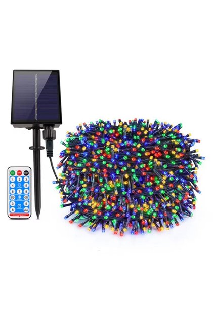 Instalație solară decorativă 500 LED 50m, rezistentă la apă IP67, cu panou mare și baterie de 1200mAh, telecomandă inclusă, 8 moduri de iluminare, lumină multicoloră, ideală pentru grădină, brad de Crăciun, terasă.