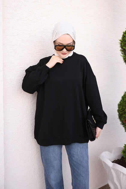 Black Crew Neck Oversize Basic Sweatshirt