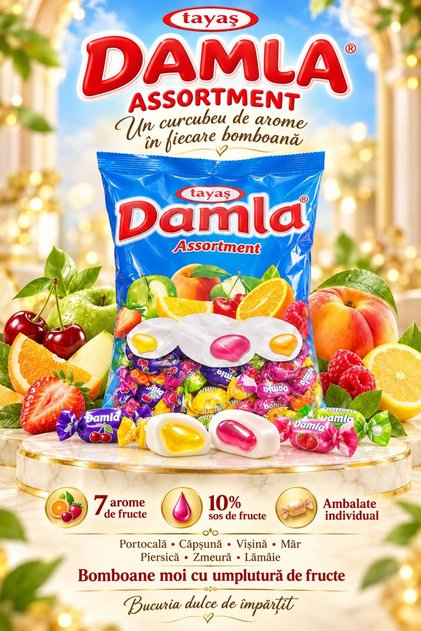 Tayas Damla Assortment – Bomboane moi cu umplutură de fructe, 7 arome, ambalate individual 900GR