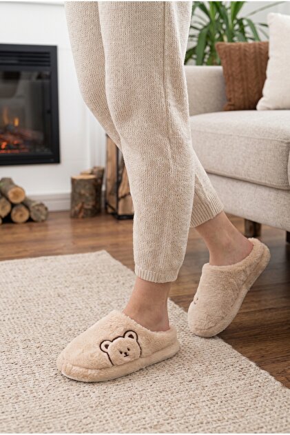 Women's Beige Plush Teddy Bear Figured House Slippers Silent Thick Sole