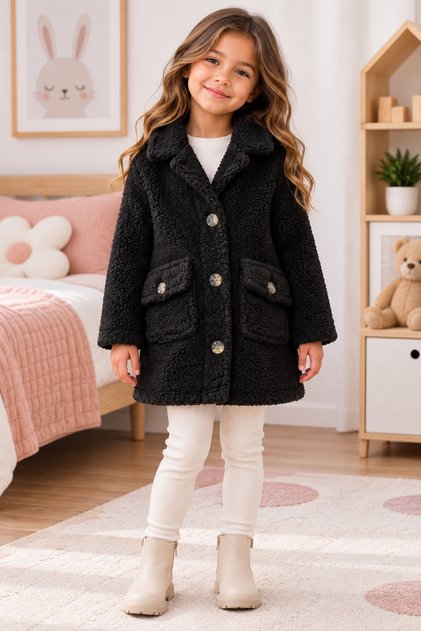 Girls' Plush Coat Winter Teddy Coat with Double Pockets Warm Quilted Lining for Ages 4-12