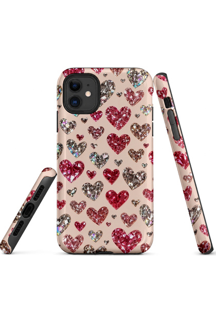 iPhone 11 Compatible - Romantic Hearts, Double Layer Cover, Glossy Surface Protective Case