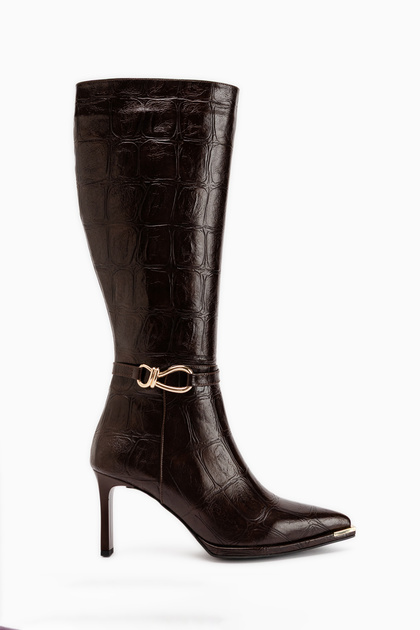 Lovis Brown Crocodile Patterned Buckle Detailed Heeled Women's Boots