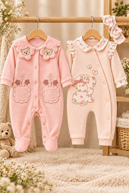 Baby Girl 2-Piece Long Sleeve Floral Patterned Jumpsuit Set with 1 Velvet and 1 Cotton Piece Featuring Dog and Bear Detail