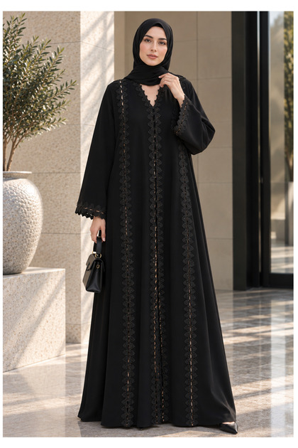 Black Korean Nida Abaya with Intricate Lace Panel Detailing & Scalloped Sleeves